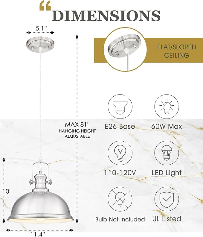Pendant Lights Kitchen Island, Farmhouse Hanging Lights Fixtures with Metal Shade, Rustic Kitchen Pendant Lighting Over Island for Dining Room, Brushed Nickel, AD-2151-1PL-SN