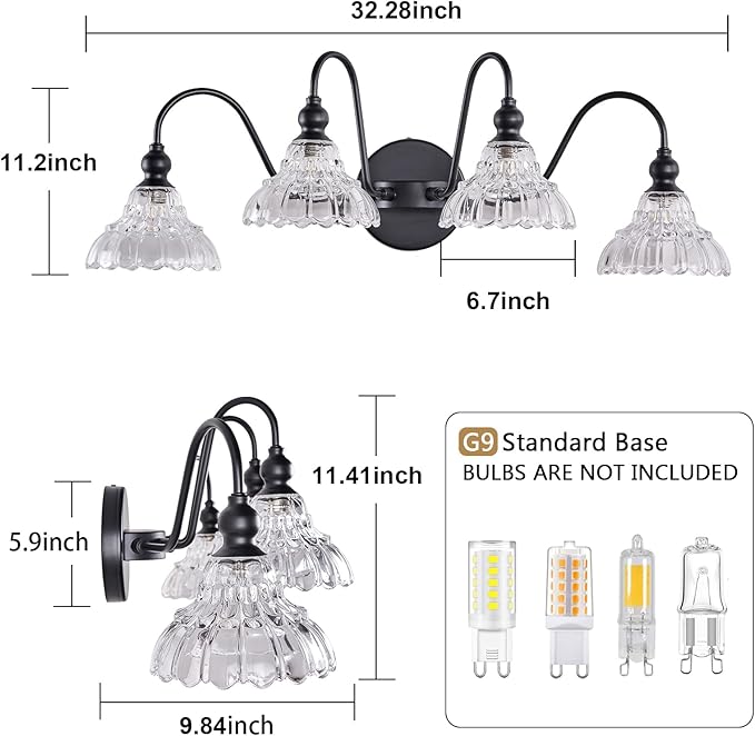Black Vanity Light Fixtures, 4-Light Bathroom Light Fixtures Vintage Wall Sconces for Dining Room Bathroom Bedroom