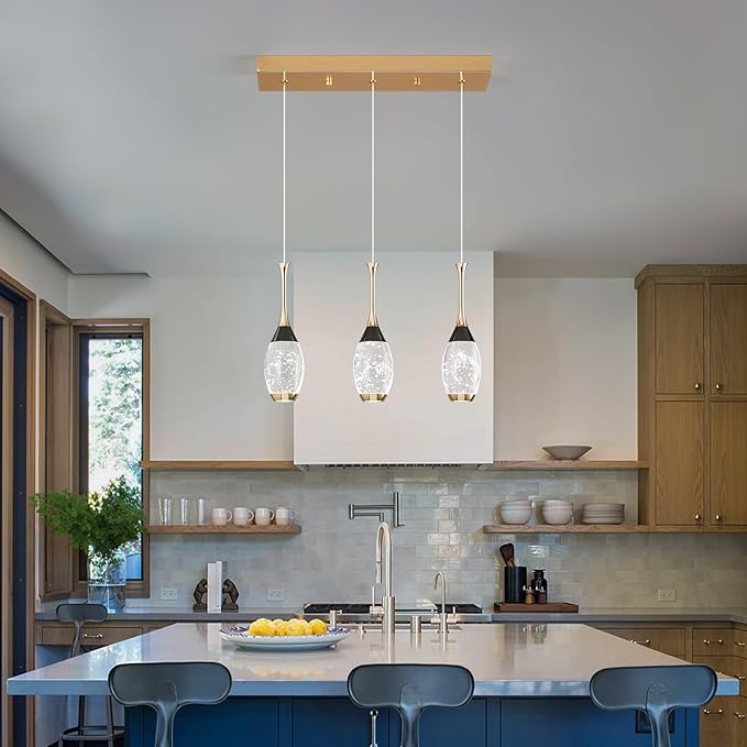 Modern Black Gold Pendant Light Dimmable LED Ceiling Light Fixtures Mini Teardrop Crystal Pendant Lighting for Kitchen Island Bedroom Hallway Entryway (3 Light，Champagne Gold)