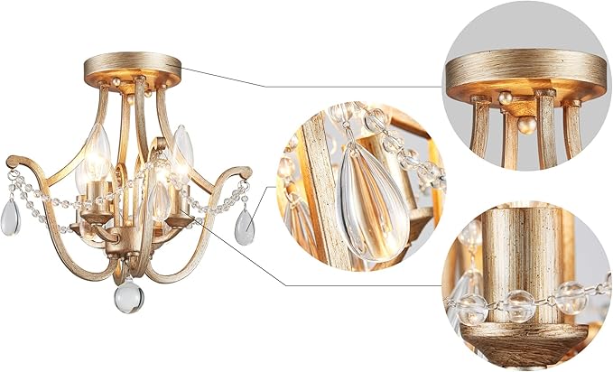 AGV LIGHTING Crystal Ceiling Light Fixture, Semi Flush Mount Ceiling Light, E12 Base 4-Lights, D12 x H12, Clear Crystal & Dressed Gold Finish Metal Frame