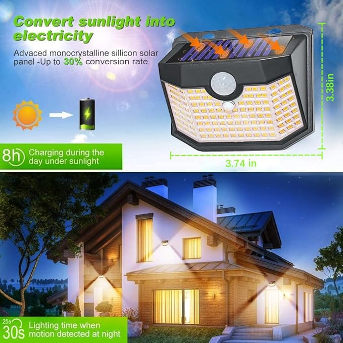 HMCITY 120 LED Outdoor Solar Lights- with Motion Sensor and 3 Lighting Modes, IP65 Waterproof Wide Solar Wall Lights Ideal for Garden Patio Yard (Front Button 8Packs, Black Shell-Warm White)