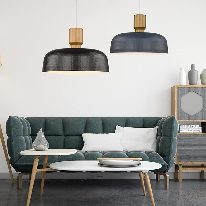 Darkaway Large Industrial Pendant Light Fixtures 18.1inch Ceiling Hanging Lamp with Hammered Metal Shade, Black Oversized Pendant Lighting for Kitchen Island Adjustable Height