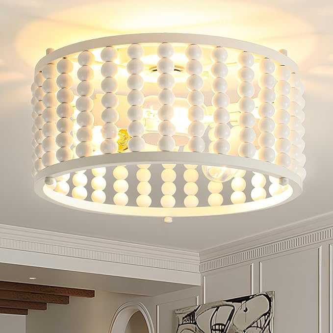 Luupyia White Beaded Boho Ceiling Light 3Lights, 12.79inches Wooden Bead Ceiling Light Fixture Mini Bohemian Chandelier Coastal Semi Flush Mount Overhead Lighting for Bedroom Hallway, E26