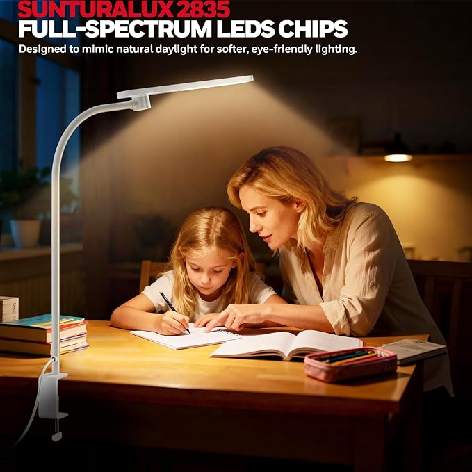 Honeywell HJ2 Sunturalux™ Clamp LED Desk Lamp, CRI≥97 Full-Spectrum Eye-Caring Light, 3 Color Modes & Stepless Dimming, 16" Flexible Gooseneck for Reading, Home Office, Art Creation (White)