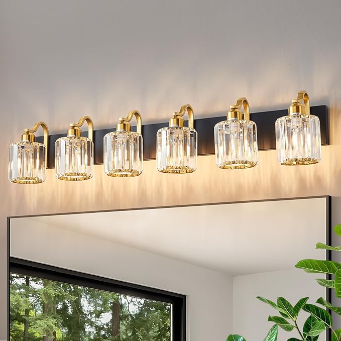 Modern Bathroom Vanity Light 6-Lights Black Gold Crystal Wall Light Fixture with Round Shade Over Mirror (Exclude Bulb)