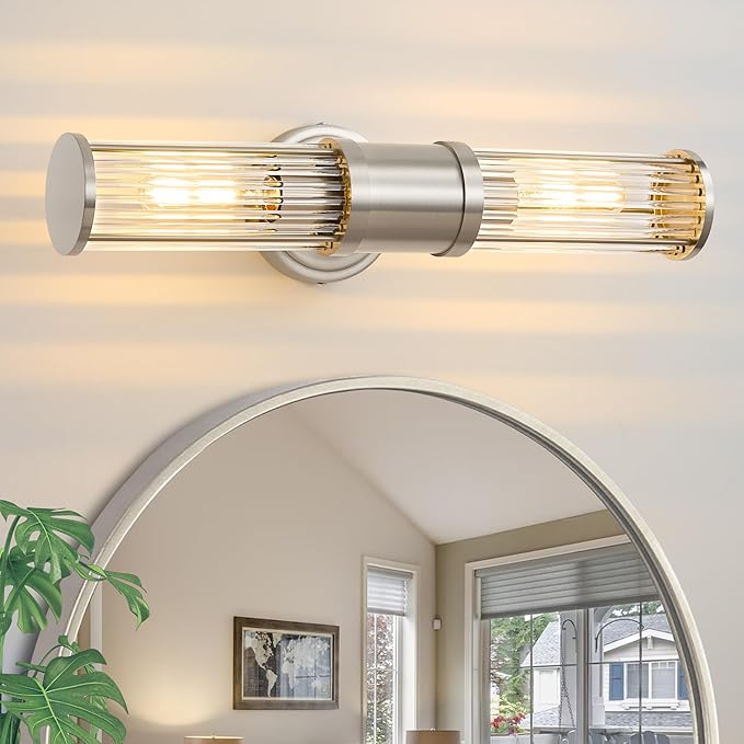 Brushed Nickel Wall Sconce Bathroom Vanity Light Fixtures for Mirror, Modern Wall Light with Glass Rod Shade for Bathroom, Bedroom, Hallway, Living Room - Bulb Not Included