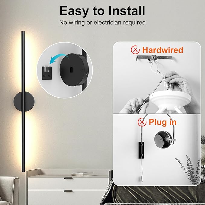 Tartek Battery Operated Wall Sconces Set of Two, Rechargeable Wall Lights with Remote Control, Dimmable 3000K-6000K LED Wall Lamp, 360°Rotate, Long Wireless Sconces for Living Room, Bedroom