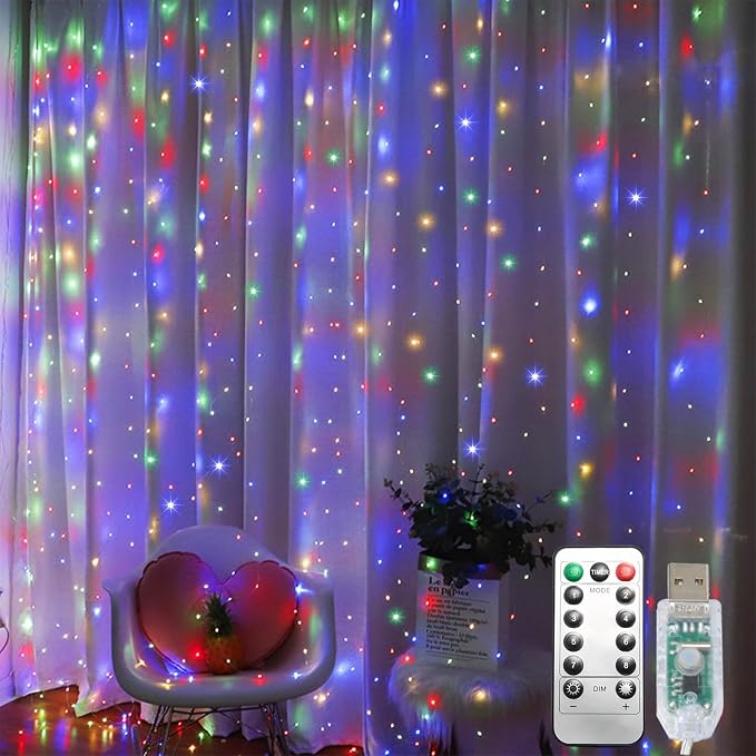 300 LED Curtain String Lights, Fairy Lights with 8 Light Modes, 9.8x9.8Ft Remote USB Plug Fairy String Lights for Christmas, Bedroom, Indoor, Outdoor, Weddings, Party, Camping Decor (Multicolored)