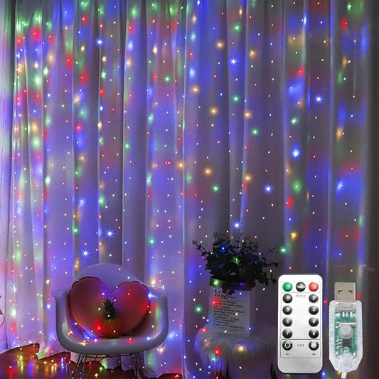 300 LED Curtain String Lights, Fairy Lights with 8 Light Modes, 9.8x9.8Ft Remote USB Plug Fairy String Lights for Christmas, Bedroom, Indoor, Outdoor, Weddings, Party, Camping Decor (Multicolored)