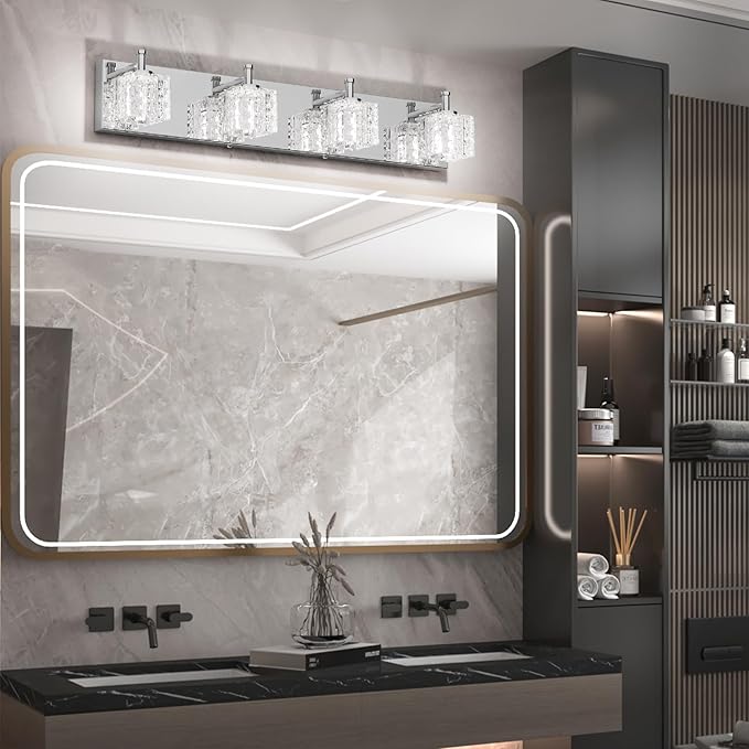Ralbay Modern LED Chrome Vanity Lights - 4 Lights Crystal Bathroom Light Fixtures Over Mirror
