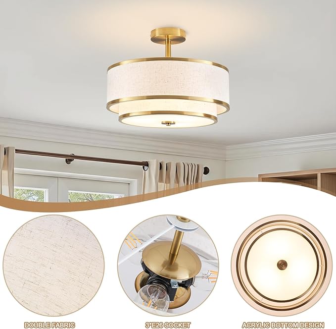 BUXVRCS Semi Flush Mount Ceiling Light Fixture, Modern Light Fixtures Ceiling Mount with Fabric Shade, 3-Light Double Drum Lighting Fixtures Close to Ceiling Light for Bedroom (Gold)