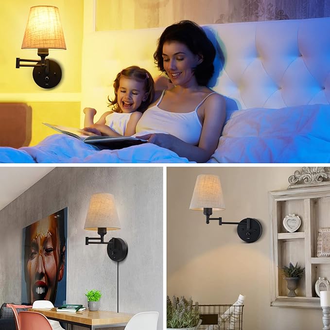 Bedside Wall Mount Light with Dimmable Switch and USB Port, Black Wall Sconce Light with Swing Arm and Plug in Cord, Fabric Shade Wall Lamp Perfect for Bedroom, Living Room and Hotel