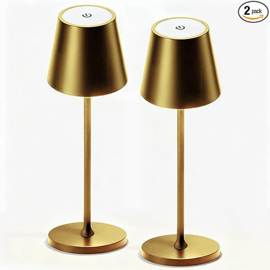 2 Pack Cordless Table Lamp,Portable LED Desk Lamp, 5200mAh Battery Operated, 3 Color Stepless Dimming Up, for Restaurant, Bedroom, Bars, Outdoor Party, Camping, Coffee Shop Night Light Gold