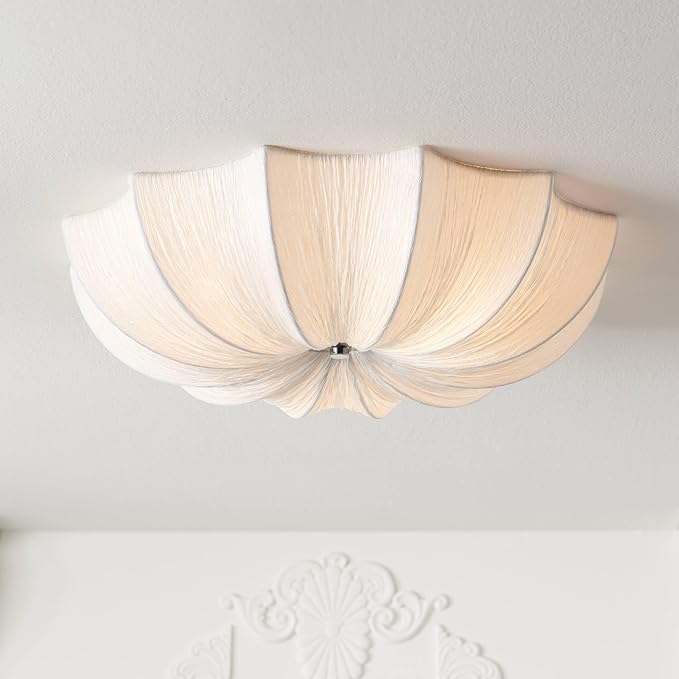 Possini Euro Design Planetarium Modern Close to Ceiling Light Flush Mount Fixture 21" Wide Chrome White Fabric Scalloped Bowl Shade for Bedroom Hallway Living Room Dining Room Bathroom Kitchen