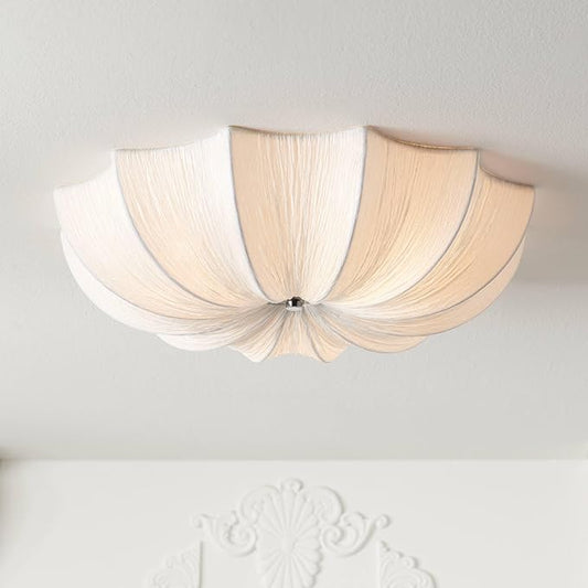 Possini Euro Design Planetarium Modern Close to Ceiling Light Flush Mount Fixture 21" Wide Chrome White Fabric Scalloped Bowl Shade for Bedroom Hallway Living Room Dining Room Bathroom Kitchen