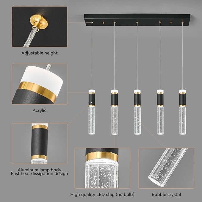 Pendant Lights Kitchen Island, Dimmable LED Pendant Light Fixtures, Black Gold Pendant Light Modern with Bubble Crystal Pendant Light, Pendant Lighting for Kitchen Island Dining Room 5-Light