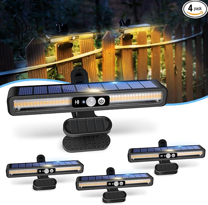 Clip On Solar Motion Lights Outdoor Waterproof, 4 Pack Motion Sensor Outdoor Lights with 36 LEDs, 3000K, Portable Solar Powered Security Light for Fence Garage Camping(Black)