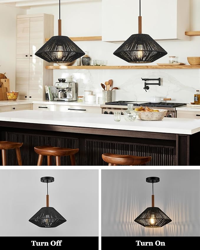 ELYONA 12.6" Modern Pendant Light Fixtures, Black Woven Pendant Light with Solid Ash Wood, Hanging Light for Kitchen Island, Farmhouse Boho Rattan Ceiling Light for Dining Room Bedroom Living Room