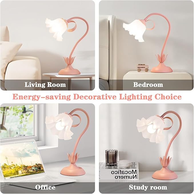 WERFOP Flower Table Lamp, LED Reading Light Vintage Bedside Table Lamp with 3 Color Modes for Nightstand, Kawaii Decoration for Home Bedroom Living Room (Pink)