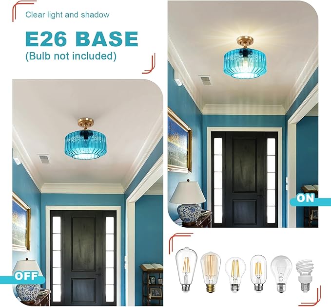 2 Pack Blue Glass Flush Mount Ceiling Light Fixture, 11.02" Gold Farmhouse Mid Century Modern Close to Ceiling Light for Entryway, Closet, Schoolhouse, E26 Base
