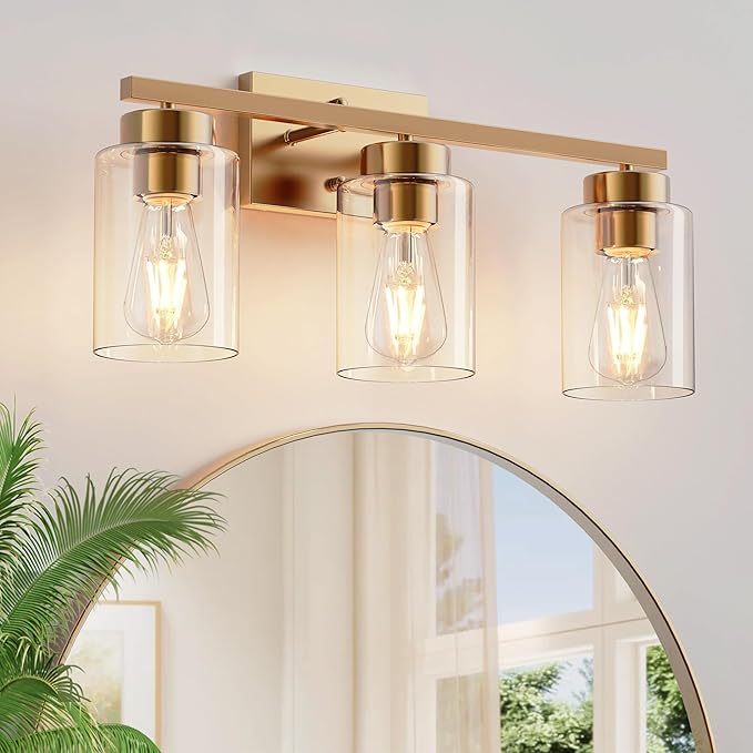PARTPHONER 3-Light Bathroom Light Fixtures, Brushed Gold Vanity Light with Clear Glass Shade, Modern Wall Sconce for Mirror Bedroom Living Room Hallway Lighting