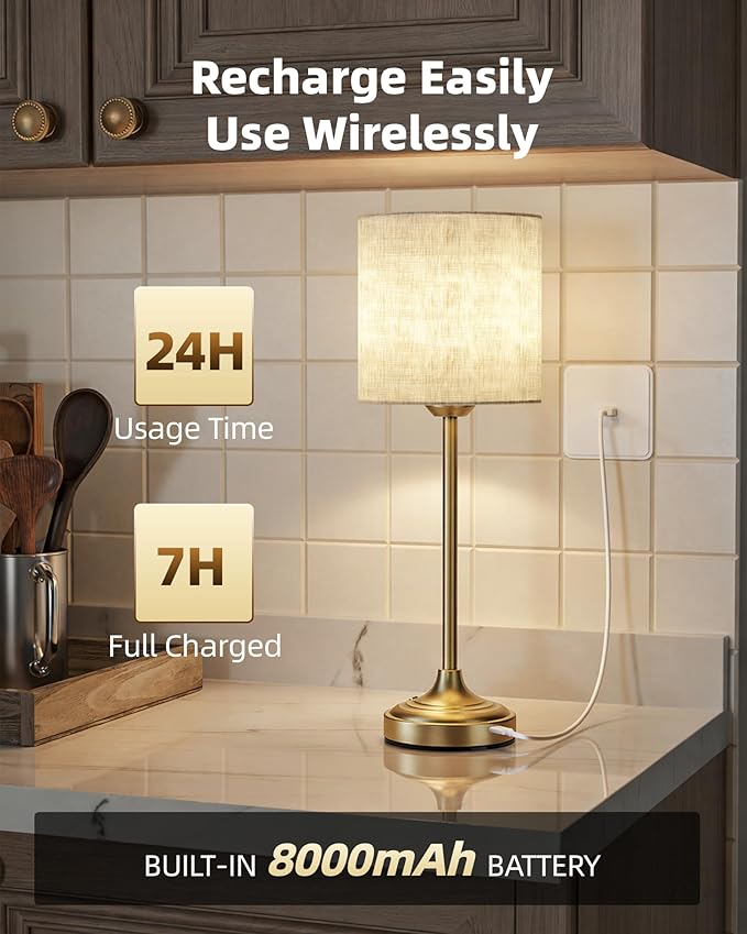 Rechargeable Table Lamp, 2-Pack, 8000mAh, Dimmable, Ambient Light, 2700K, Touch Control, Portable, LED, Wireless, Cordless, Battery Operated, Desk Lamp, Kitchen Lamp, Fabric Shade, for Dining Room