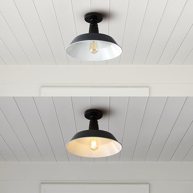 JONATHAN Y 14" Navy/Black 1-Light Industrial LED Semi Flush Mount Ceiling Light for Porch, Kitchen, Entryway, Modern Farmhouse Iron Fixture, White Metal Shade, LED Bulb Included (JYL7617C)