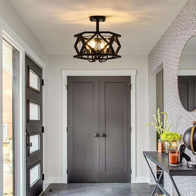 Black Semi Flush Mount Ceiling Light, Modern Foyer Lighting Fixture, 4-Light Metal Ceiling Lamp, Small Farmhouse Chandelier for Hallway Entryway Porch Bedroom Kitchen, E12 Base