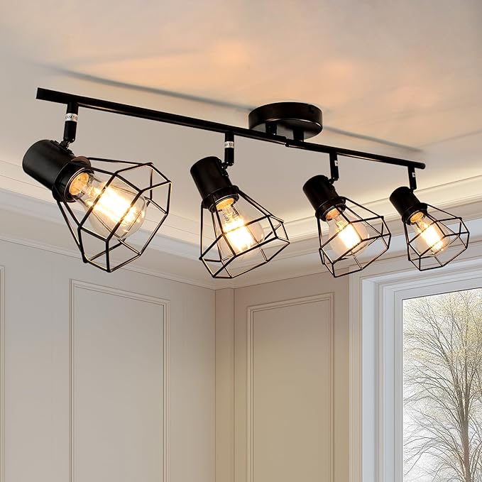 LTBLIGHT 4-Light Track Lighting Fixtures Ceiling, Adjustable Track Lighting Kit, Black Farmhouse Ceiling Light with E26 Base, Directional Spotlights for Kitchen Hallway Bedroom Living Room