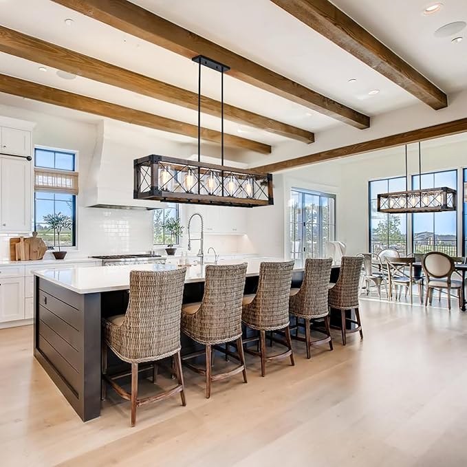 Farmhouse Kitchen Island Lighting, 5-Light Dining Room Light Fixture Over Table, Rustic Wooden Rectangle Chandelier, Pool Table Pendant Light Fixtures with Clean Glass Shade