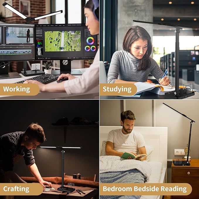 Woputne LED Desk Lamp, Dual Heads, Height Adjustable, USB Charging Port, 5 Light Modes & Dimmable Brightness, Bedside Lamp for Reading, Craft, Work, Study (Black, 15W)