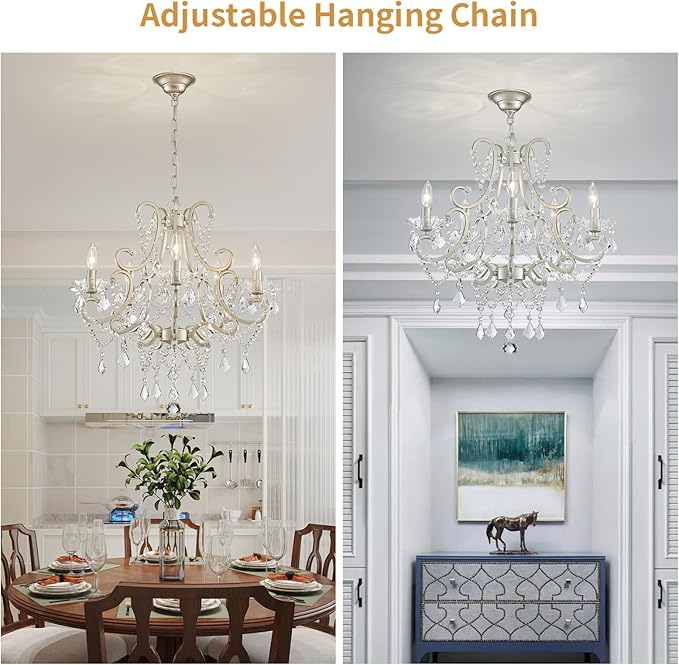 Crystal Chandelier, 5-Light Modern Chandelier for Dining Room Light Fixture, Nickel Finish Pendant Ceiling Light Fixture, Modern Candle Chandelier for Living Room Kitchen Island Entryway Bedroom