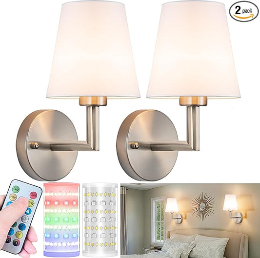 Nekhung Battery Operated Wall Sconces Set of 2, Wireless Wall Light with 10000mAh RGB Dimmable Magnetic Bulb, Rechargeable Wall Sconce with Remote Control for Bedroom Living Room