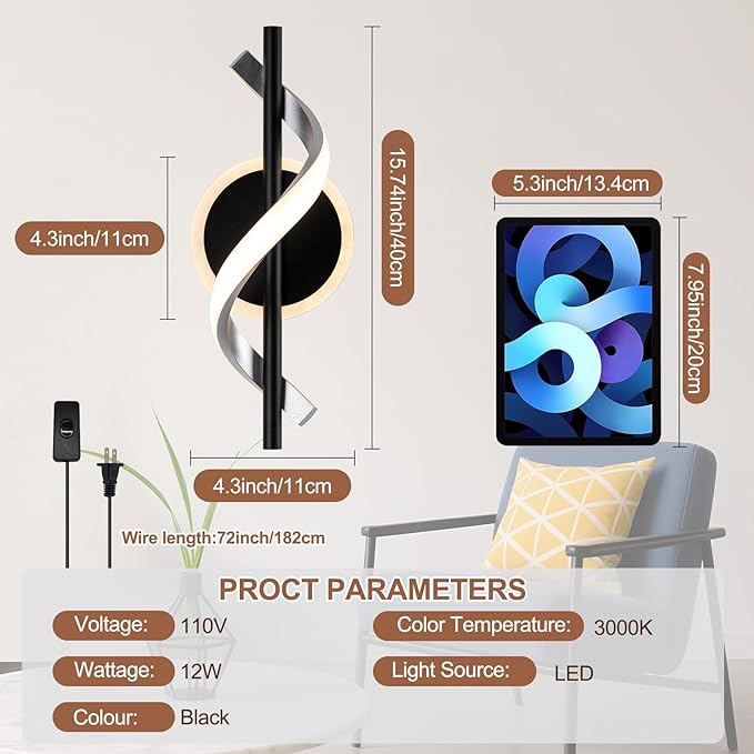 EIDISUNY Black Plug in Wall Sconces Sets of 2, 12W Modern Spiral LED Wall Lamp, 3000K Warm White Wall Light Fixture for Stairs Living Room Bedroom Aisle Hallway
