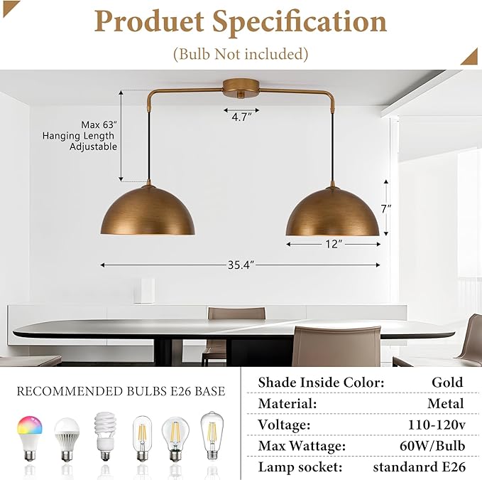 2-Light Pendant Lights Kitchen Island, Gold Metal Dome Shade Pendant Light, Kitchen Pendant Lighting Over Island, Adjustable Height Hanging Light Fixture for Farmhouse Dining Room Kitchen Cafe
