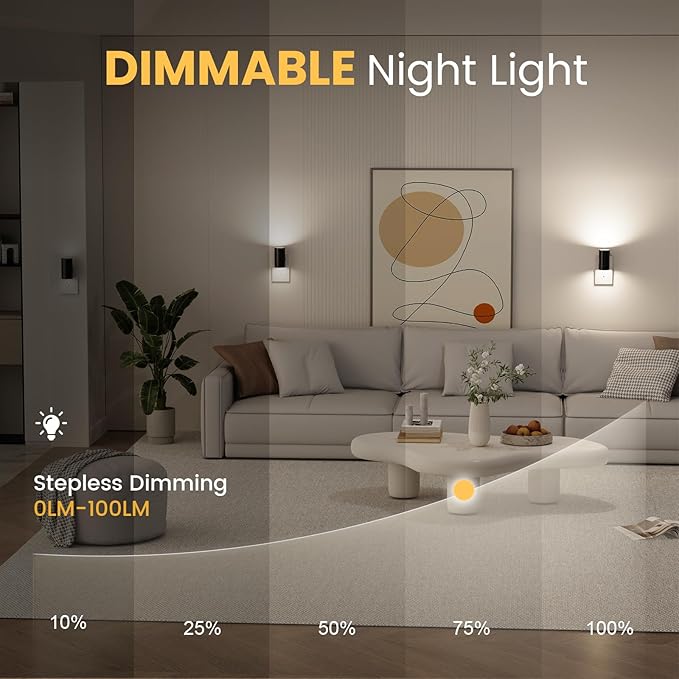 VOLISUN Night Lights Plug into Wall, Dimmable LED Nightlight with Dusk to Dawn Light Sensor, 0-100LM Adjustable Brightness, 3 Color Temperatures, Compact Size Black 6 Pack for Hallway,Bedroom,Bathroom