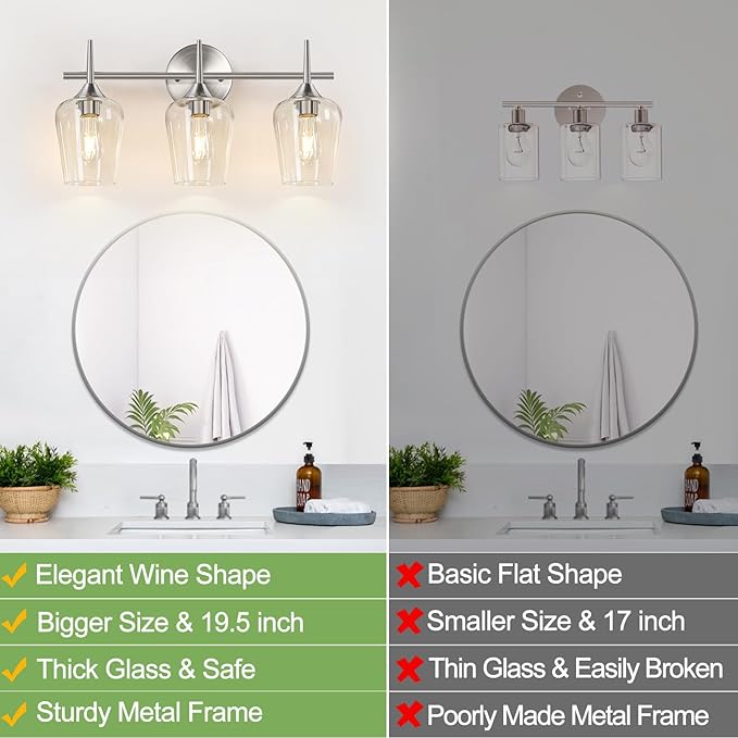 MOKATNG 3-Light Bathroom Light Fixtures, 19.5 in Brushed Nickle Vanity Lights for Bathroom with Clear Glass, Bathroom Lighting Fixtures Over Mirror, Modern Wall lamp for Cabinet Hallway