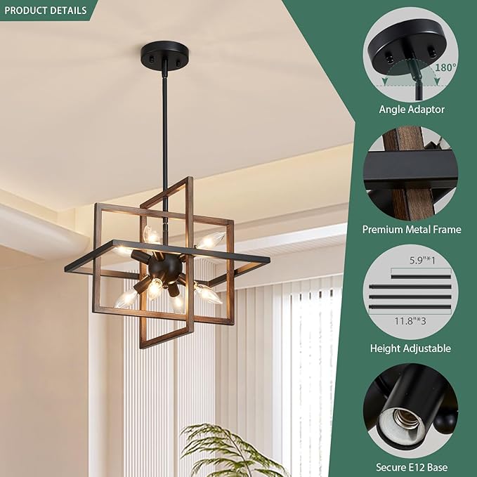 Black Farmhouse Chandelier Ceiling Light Fixtures, 8-Light Geometric Pendant Light Height Adjustable Faux-Walnut Grain Metal Lamp for Entryway, Foyer, Stairway, Hallway, Living Room