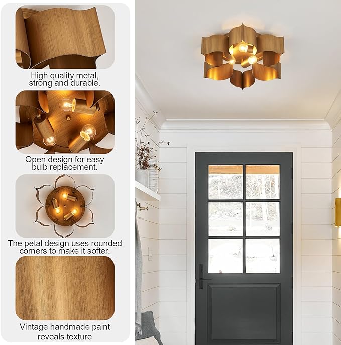 VILUXY 19" Flush Mount Ceiling Light, Antique Gold Leaf Finish Petal Light Fixtures Ceiling for Hallway, Entryway, Study Room, Bedroom 3-Light