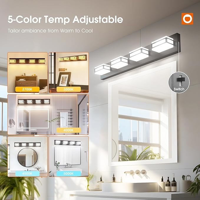 Amico 4-Light LED Bathroom Vanity Light Fixture,Dimmable 5CCT Modern Bathroom Lighting Fixtures Over Mirror, 360° Rotate Acrylic Matte Black Light Fixtures-UL Certificated