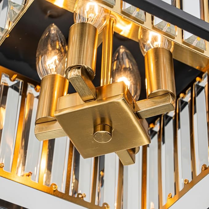 LumFurn 4-Lights Crystal Ceiling Light, 2-Tier Square Flushmount Light Fixture for Living Room, Foyer, Bedroom, L12 x W12 x H7, Brass & Gold Finish