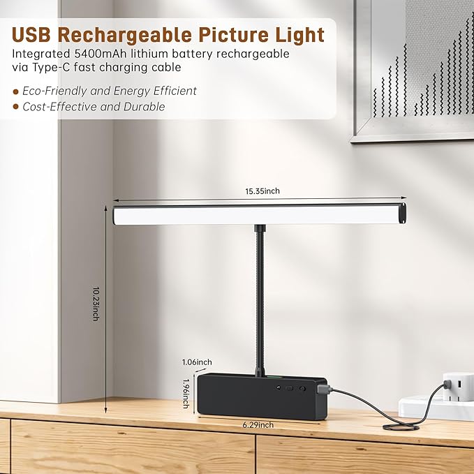 Racokky Picture Light, 15.35inch Picture Lights for Wall Rechargeable, Battery Lights for Pictures on Wall, 3 Color Art Lighting for Paintings with Timer and Dimmable Artwork Display (Black-2PCS)