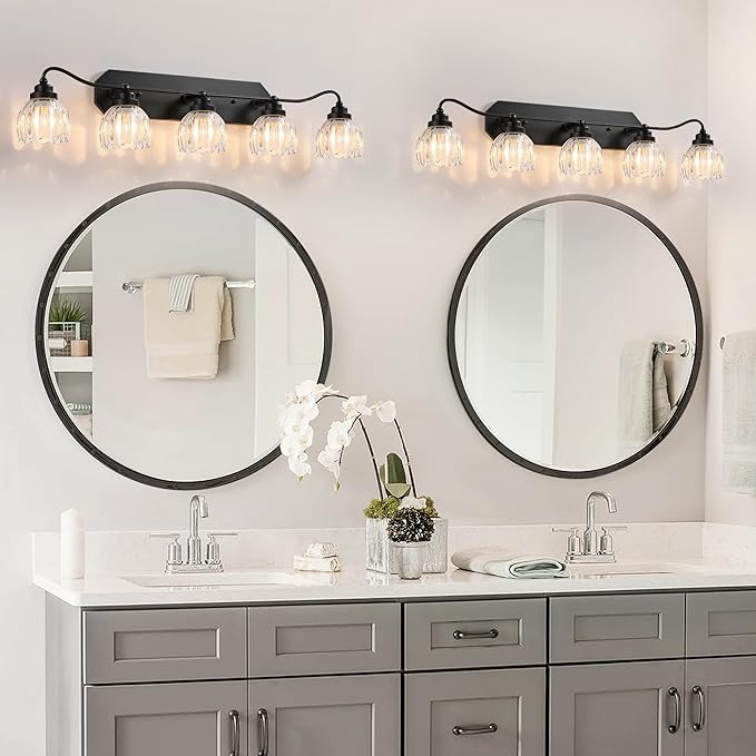 Vintage Bathroom Light Fixtures, 5 Light Bathroom Vanity Light, Black Matte Antique Brass Finish with Crystal Glass Shade, Mid Century Wall Sconces for Bedroom, Living Room, Hallway