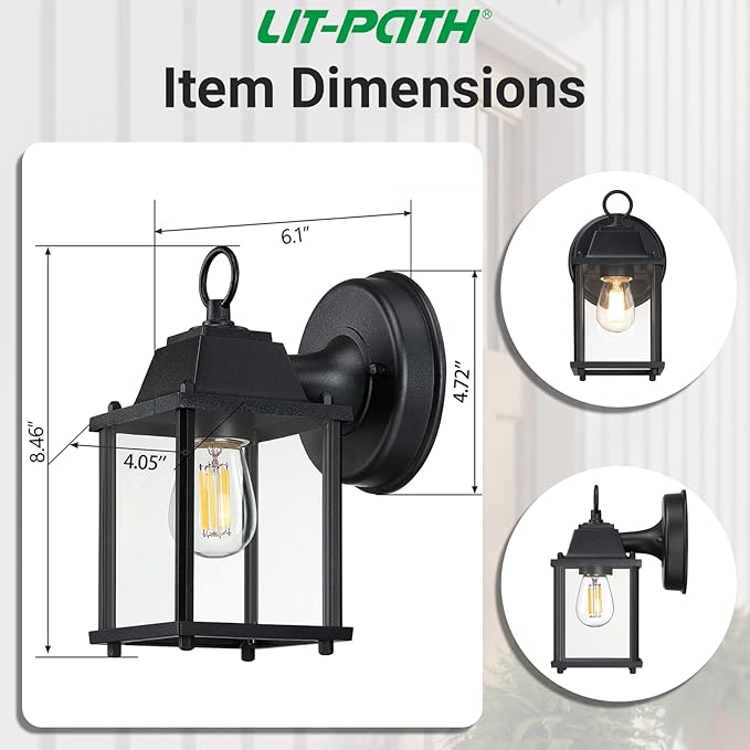 LIT-PaTH Outdoor Wall Lantern, Wall Sconce as Porch Lighting Fixture, E26 Base, Aluminum Housing Plus Glass, Water-Proof and Outdoor Rated, ETL Qualified, 2-Pack, Black