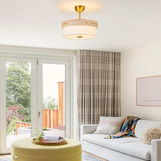 Bargeni Semi Flush Mount Ceiling Light,13 Inch Light Fixtures Ceiling Mount, Natural Wood Trim with Cream White Fabric Shade, Modern Ceiling Light Fixture for Bedroom,Hallway,Kitchen