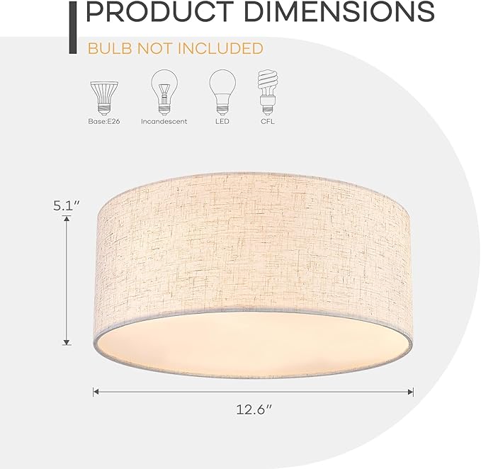 13 Inch Flush Mount Ceiling Light, 3-Light Modern Fabric Linen Drum Shade for Kitchen, Bedroom, Dining Room, Hallway and Entryway