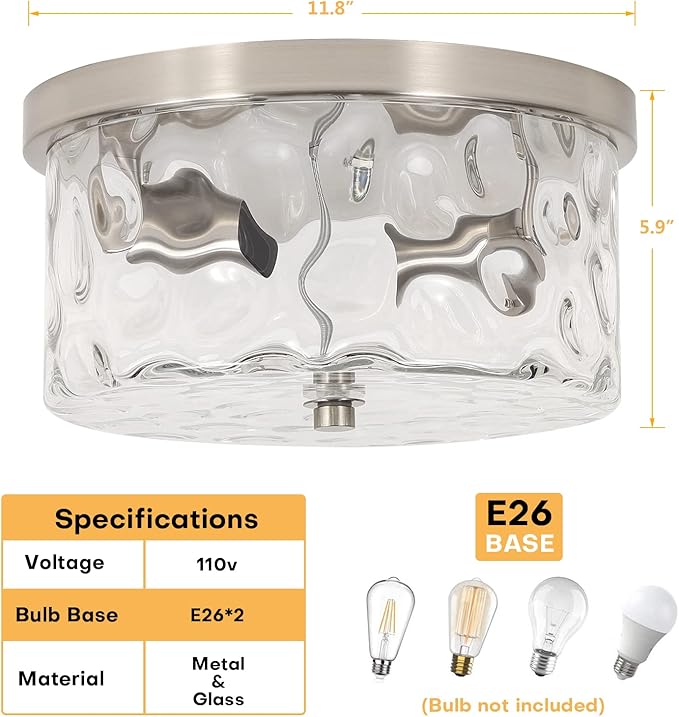 LamQee 2-Light Flush Mount Ceiling Light Farmhouse Kitchen Island Ceiling Light with Bubble Glass Close to Ceiling Light Fixture for Living Room Bedroom Foyer Hallway