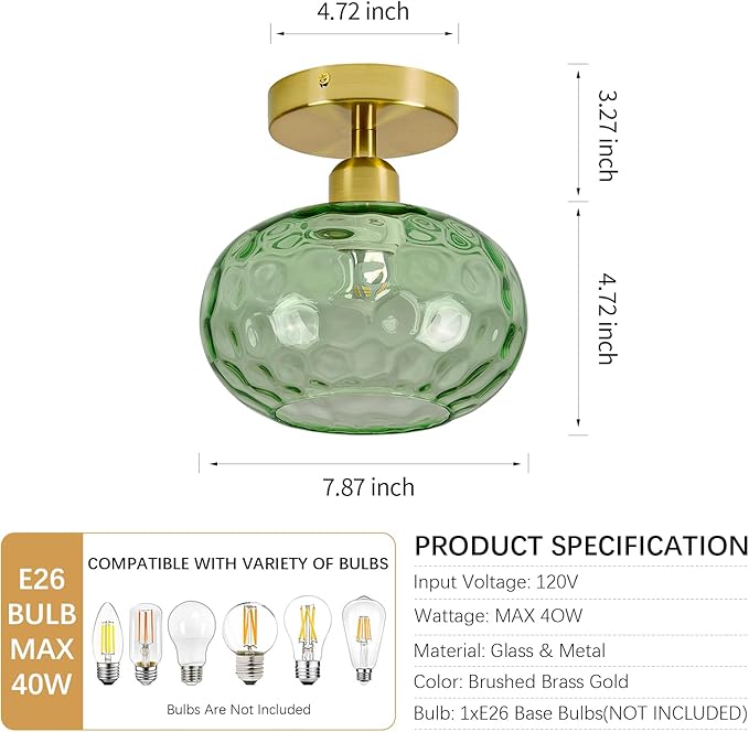 Green Glass Semi Flush Mount Ceiling Light - 2 Pack,7.9 Inch Hammered Glass Hallway Light fixtures Ceiling, Vintage Gold Art Deco Ceiling Light for entryway Foyer Laundry Room Kitchen