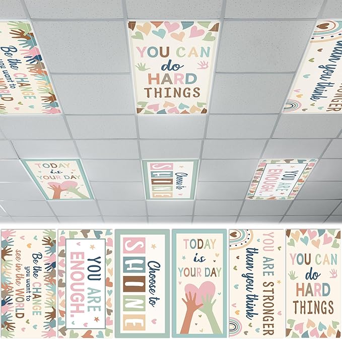 Wiooffen 6Pcs Fluorescent Light Covers for Classroom Ceiling Light 4x2Ft Magnetic Lights Covers Filter Easy Install for Office School Hospitals Ceiling Supply (Boho Affirmation)