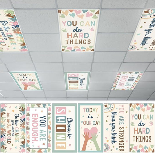 Wiooffen 6Pcs Fluorescent Light Covers for Classroom Ceiling Light 4x2Ft Magnetic Lights Covers Filter Easy Install for Office School Hospitals Ceiling Supply (Boho Affirmation)